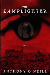 Red book cover with the skyline of edinburgh. Over it there is a huge eye and in its iris there's the silhouette of a lamplighter on his ladder, lighting a lamp.