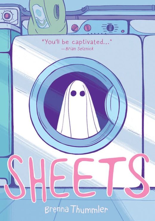 Cover of the Comic Sheets. Drawing of a washing machine from the front with a sheet with two holes, looks like a ghost, looking out through the glass door of the machine.